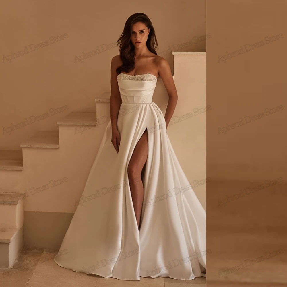 Abiti da sposa moderni a-line abiti da sposa con pieghe in raso Appliques con paillettes abiti Sexy abiti senza maniche con spacco alto Vestidos De Novia 2024