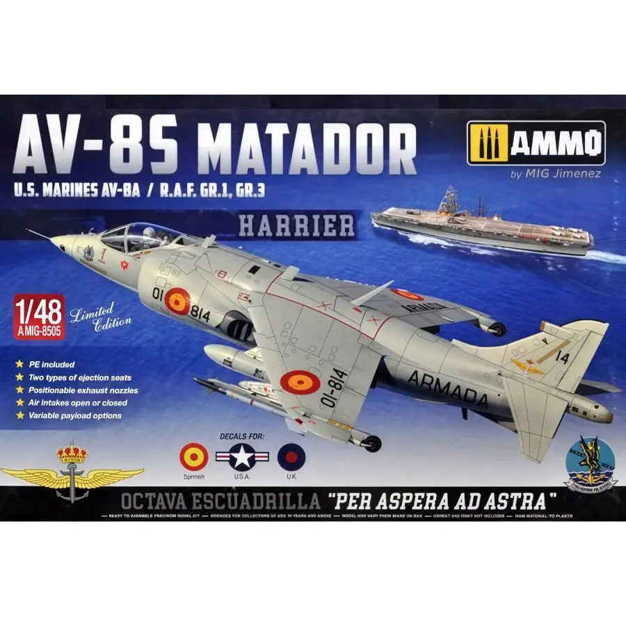 مجموعة نماذج التجميع KINETIC K8505 1/48 Harrier AV-8S Matador-الإسبانية والأمريكية والإصدارات البريطانية