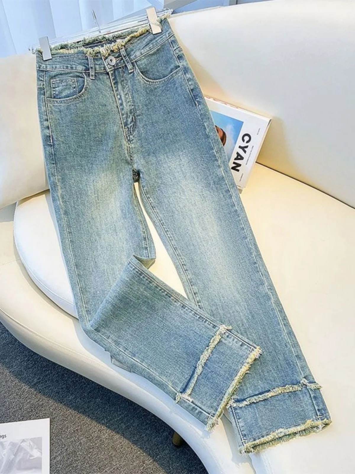 

Женские джинсы с высокой талией, свободного прямого кроя, с высокой эластичностью, весна-осень, новые, летние, тонкие, утягивающие, брюки-трубы