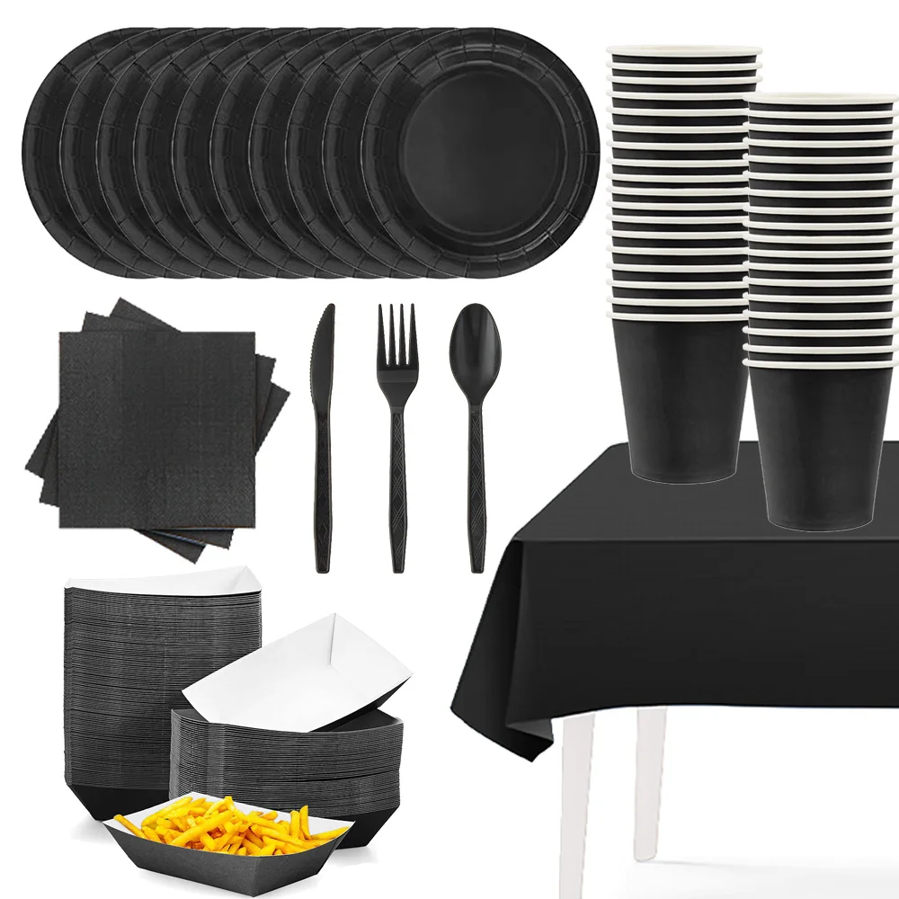 الصلبة الأسود موضوع أدوات المائدة القابل للتصرف حفلة عيد ميلاد الزفاف أدوات المائدة لوازم المناديل الورقية السوداء أكواب أطباق مفرش المائدة #1