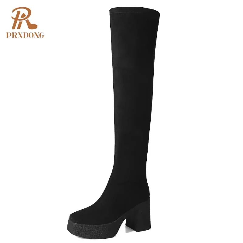 PRXDONG 2024 New Arrivals Autumn Winter Warm Knee High Boots Chunky High Heels Platform Black Apricot Dress Party Female Shoes