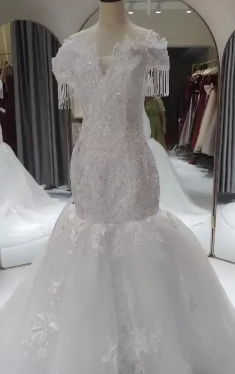 Customized Beautiful Square Neck Appliques Beads Wedding Dress Chapel Train Plus Size Cap Sleeves Tassels Church Bridal Gown