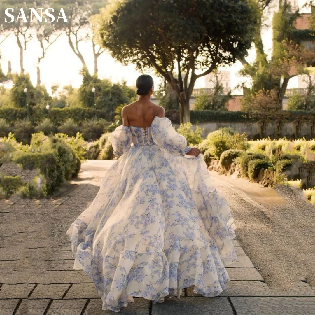 Sansa-Robe en organza à manches bouffantes, robe de Rhà longue queue, robe éducative, manches bouffantes, bleu doux, romantique