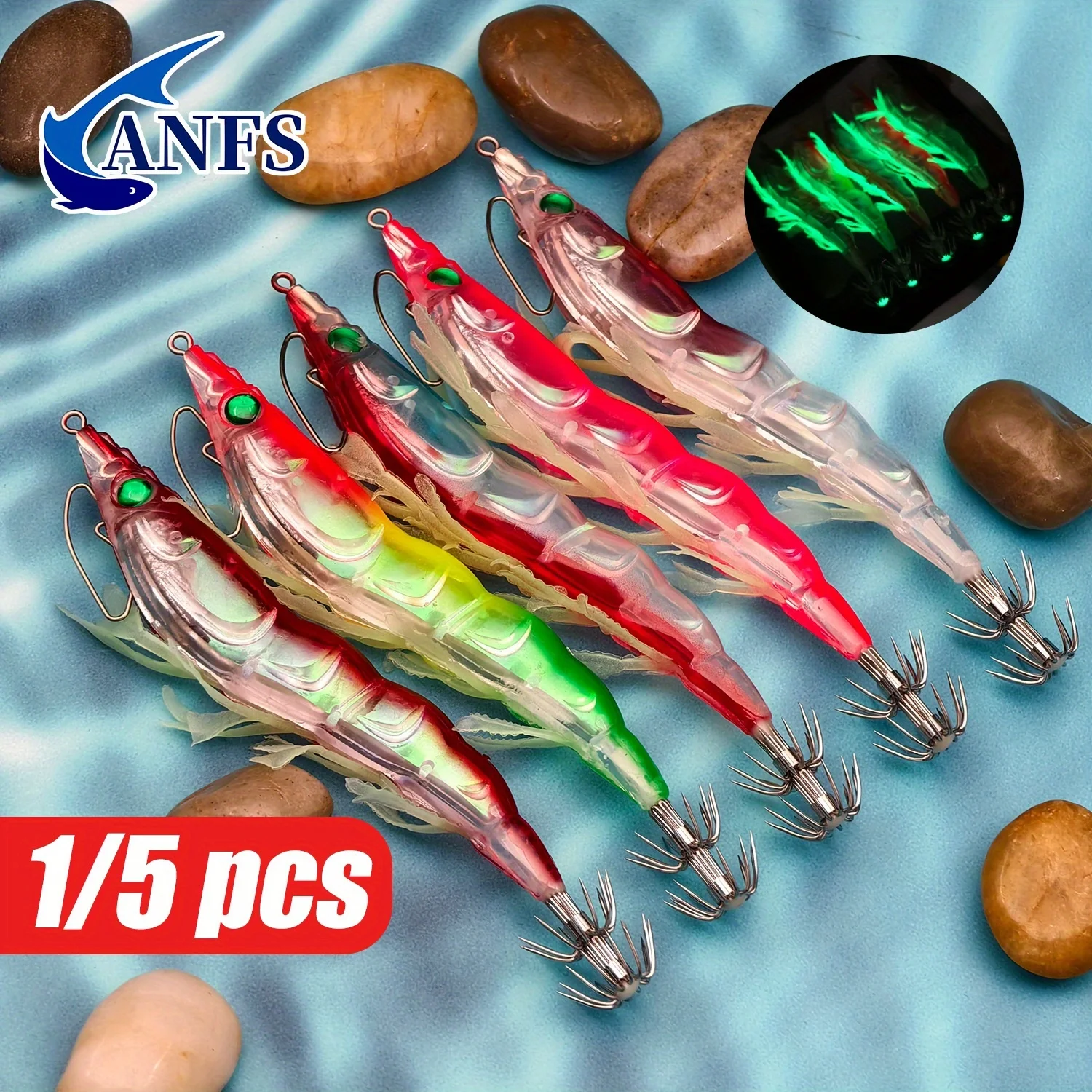 ANFS 1 ud./5 uds. Señuelos de camarones de madera luminosos de simulación, plantillas de cebo para camarones, anzuelo de calamar, señuelo de calamar de pulpo para pesca en el mar