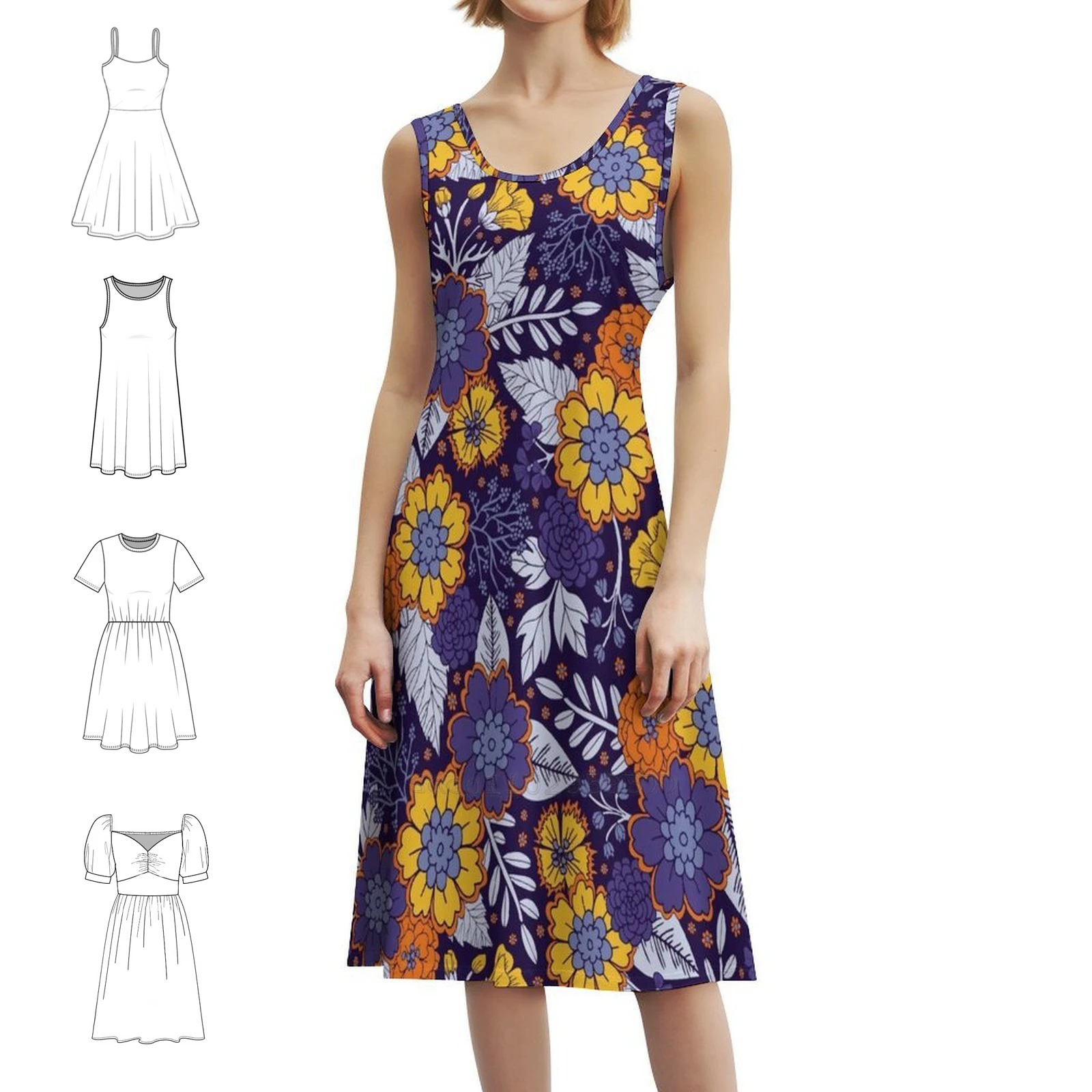 فستان على الطراز الكوري باللون الأرجواني والأصفر والبرتقالي / نمط الأزهار للنساء فستان كاجوال أنيق للحفلات أو الارتداء اليومي