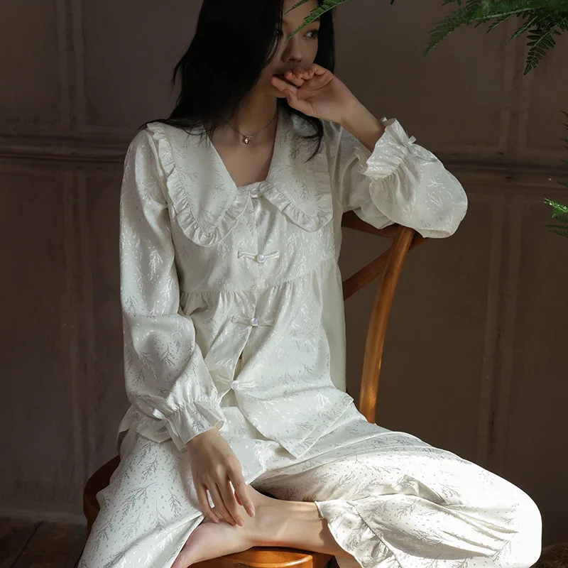 Ensemble de pyjama en satin pour femme, vêtements de nuit en jacquard français doux, vêtements d'intérieur trempés, printemps et automne