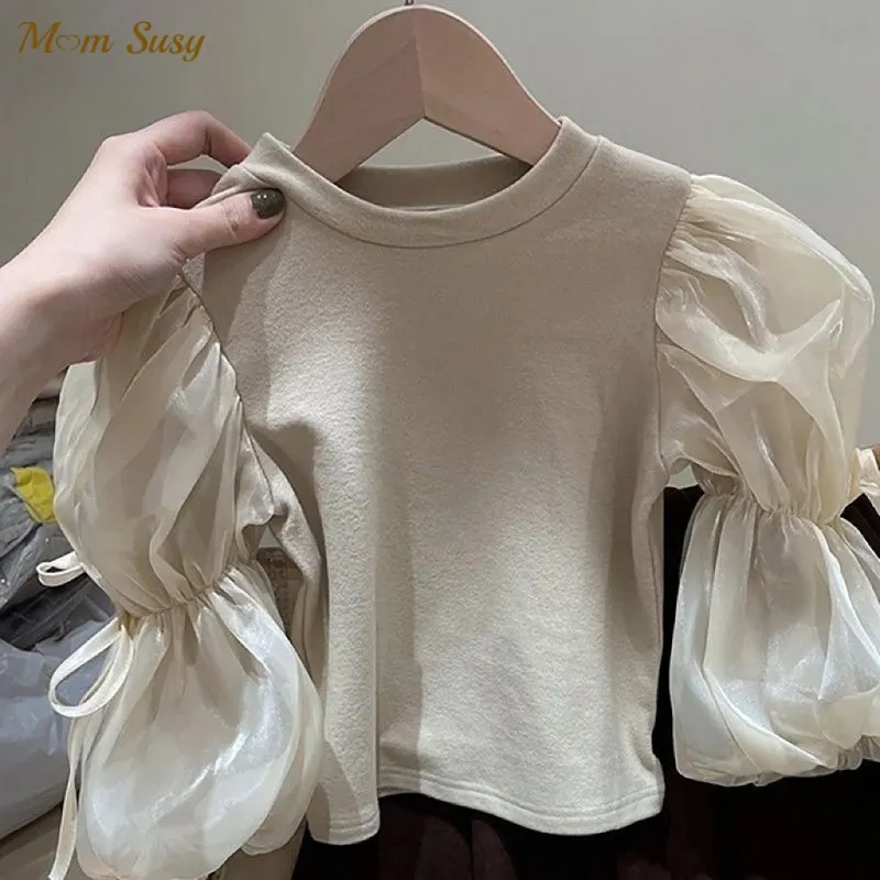 Fashion Baby Girl Cotton Tshirt Puff Sleeve Infant Toddler Girl Pullover Long Sleeve Tee Top Solid Color Baby Clothes 1-7