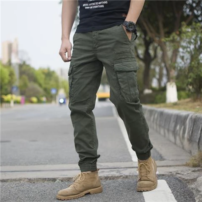 Calça de carga durável masculina com punhos no tornozelo, estiramento, ajuste fino, casual, ao ar livre, caminhada, escalada, pesca, vestuário de trabalho multibolso, outono