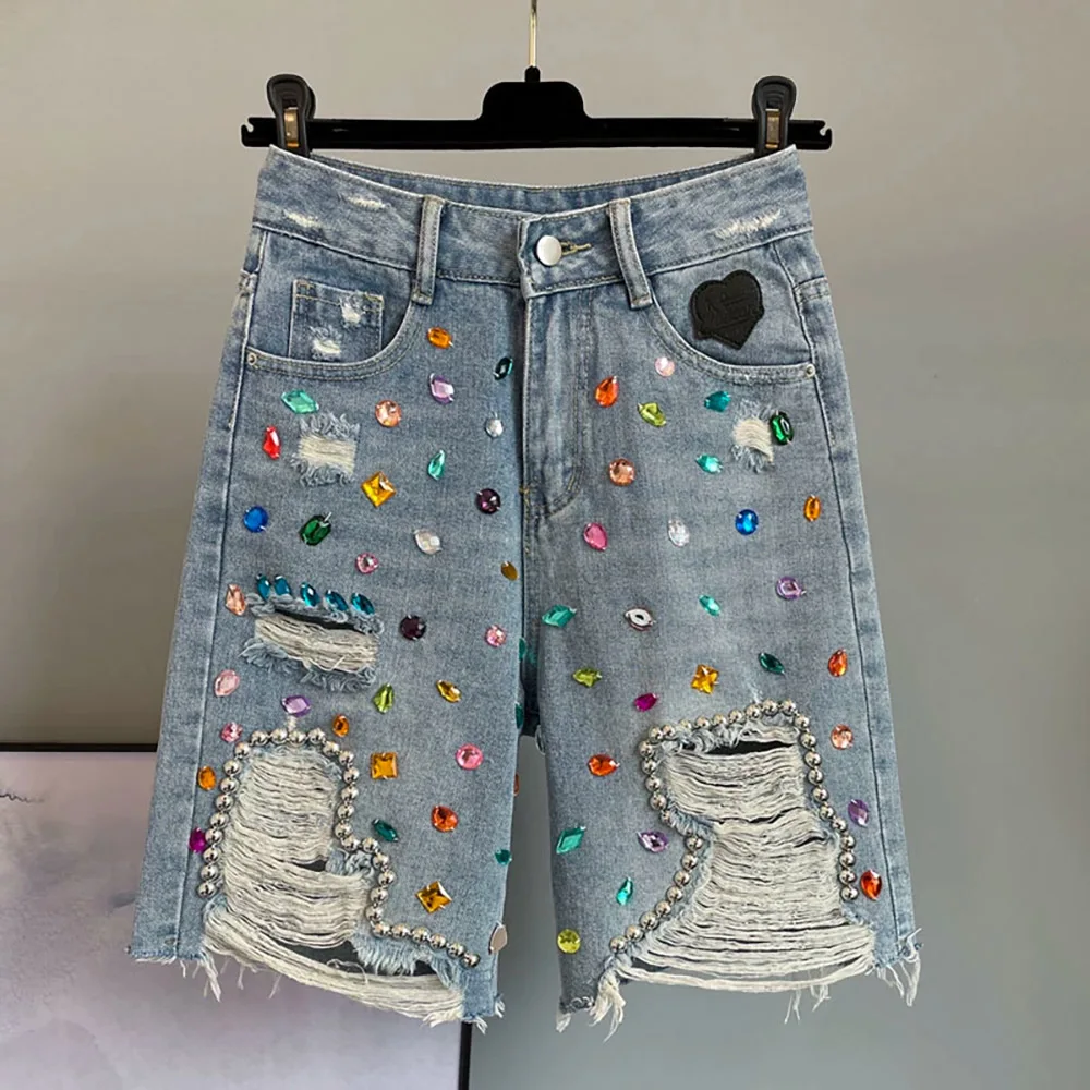 

Colorful Diamond Denim Shorts Women Summer Fashion High Waist Ripped Holed Knee Length Jeans Oversize Casual Loose Hot Pants