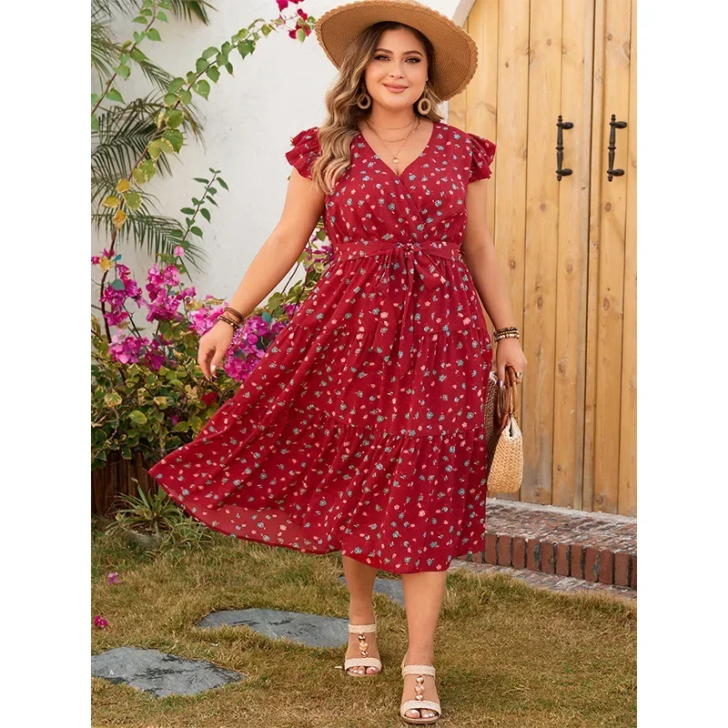 Plus Size Ruffle Cap Sleeves Wrap V Neck Swing Midi Dress Waist Belt A Line Tiered Print Boho Robe Summer Beach Sundress