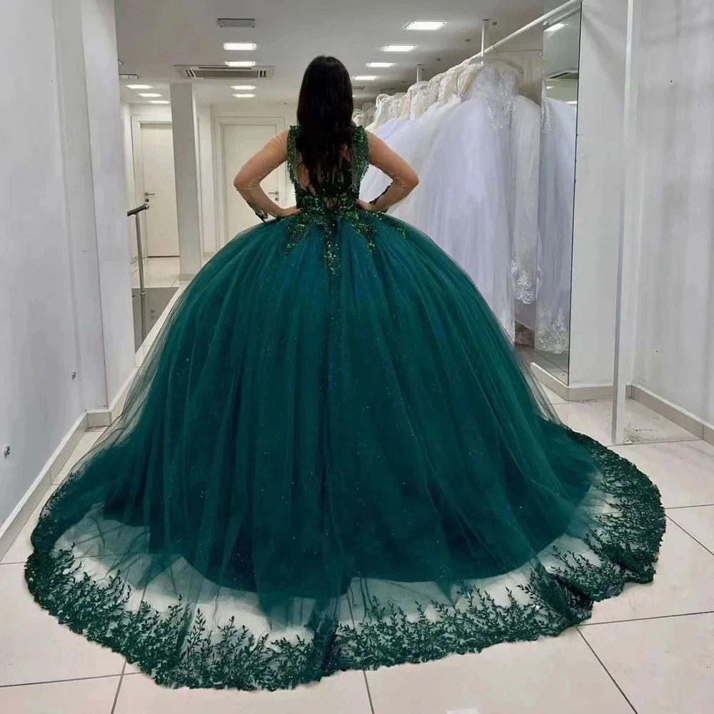 ANGELSBRIDEP-vestido De quinceañera verde esmeralda para niña, Vestidos De fiesta con apliques De encaje y lentejuelas brillantes, 15 Años