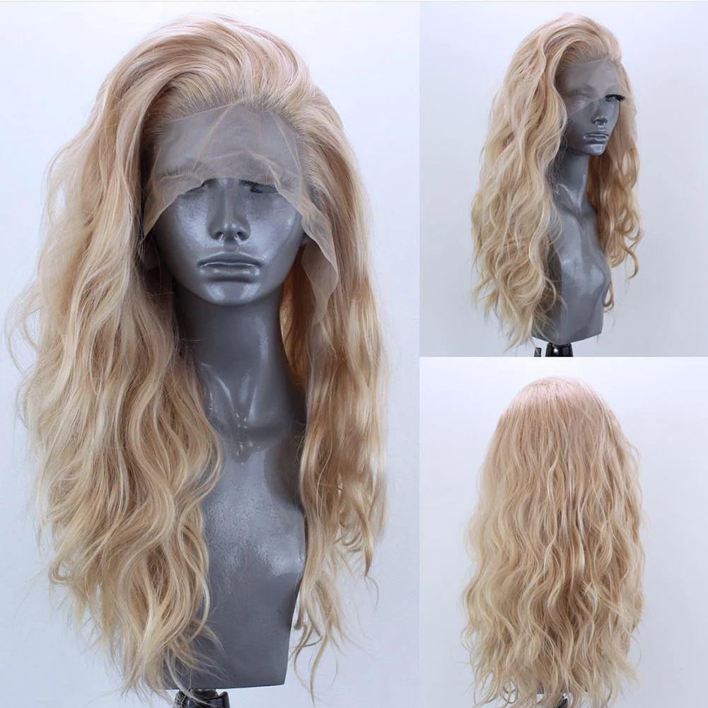 

Fashiomag Shoulder Length Wavy Blonde Mix Lace Front Heat Resistant Fiber Wigs Women Soft Natural