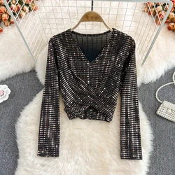 Sexy Glitter Sequin V Neck Tshirt Goth Slim T Shirt Korean Fashion Tees Long Sleeve Pleated Women Spring Autumn Party Crop Top