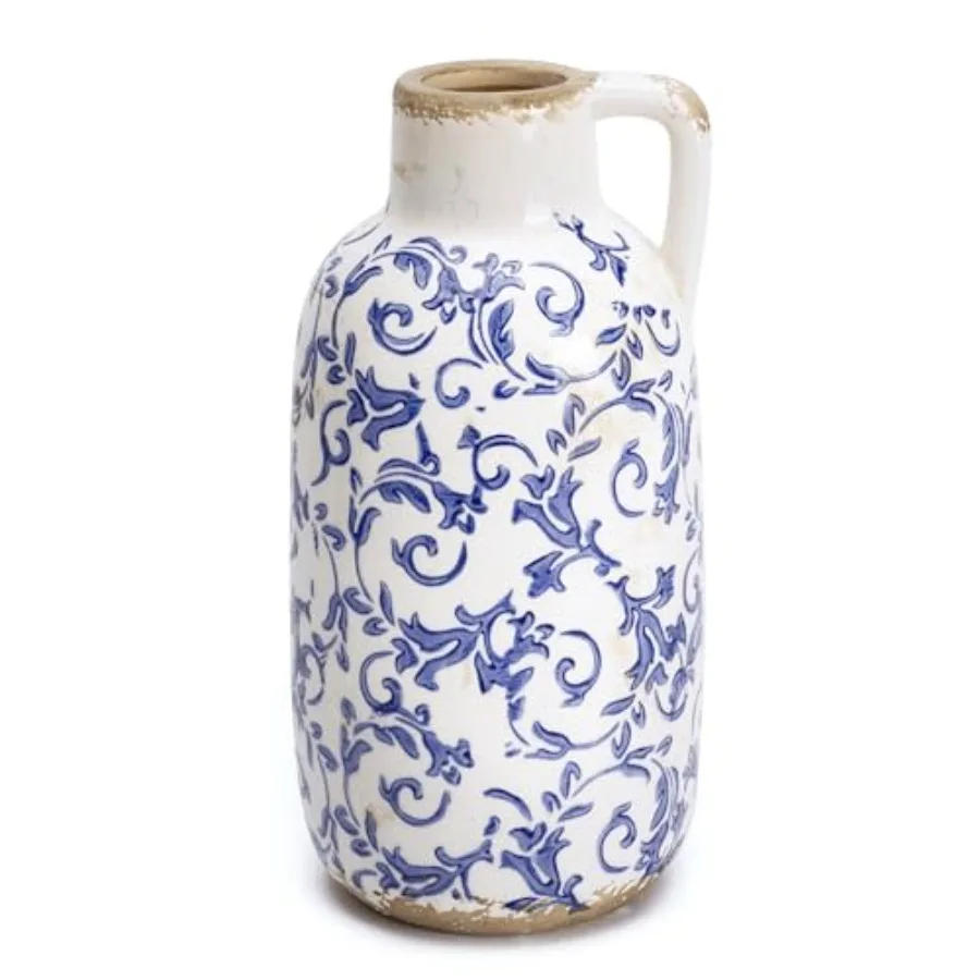 Blue and White Ceramic Vase for Flowers, Rustic Vase Home Decor for Pampas Grass, Farmhouse Decorative Vases for Mantel, Living