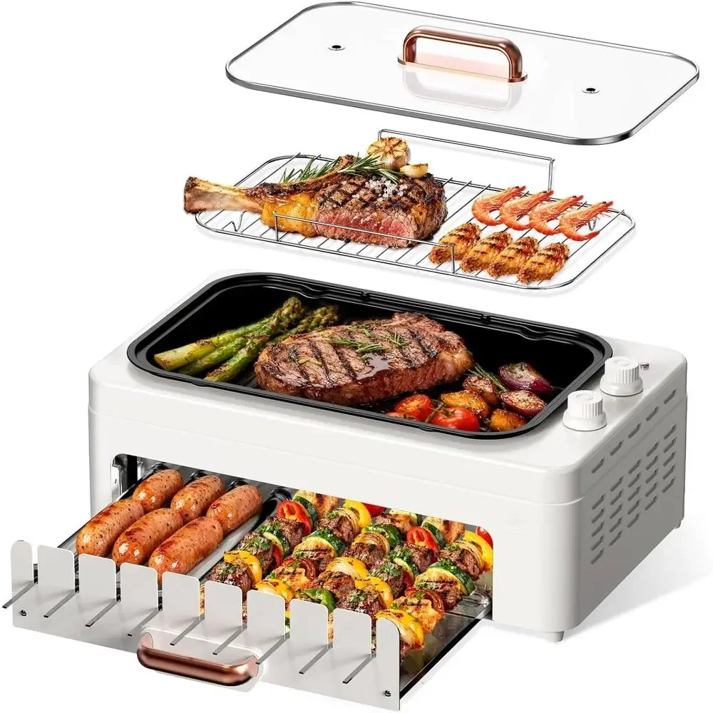 4-in-1 Indoor Countertop Grill: Removable Pan, Rotating Skewers, Hot Dog Roller, Dual Zone Cooking with Lid