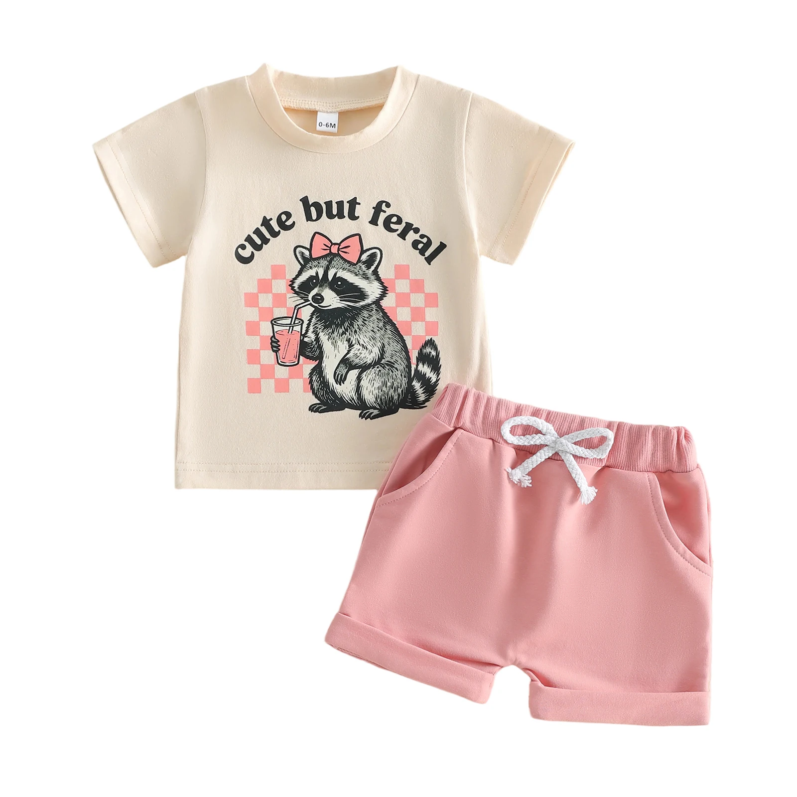 Toddler Baby Girls Summer Outfit Fashionable Short Sleeve Raccoon Print Tops with Shorts 2Pcs Set