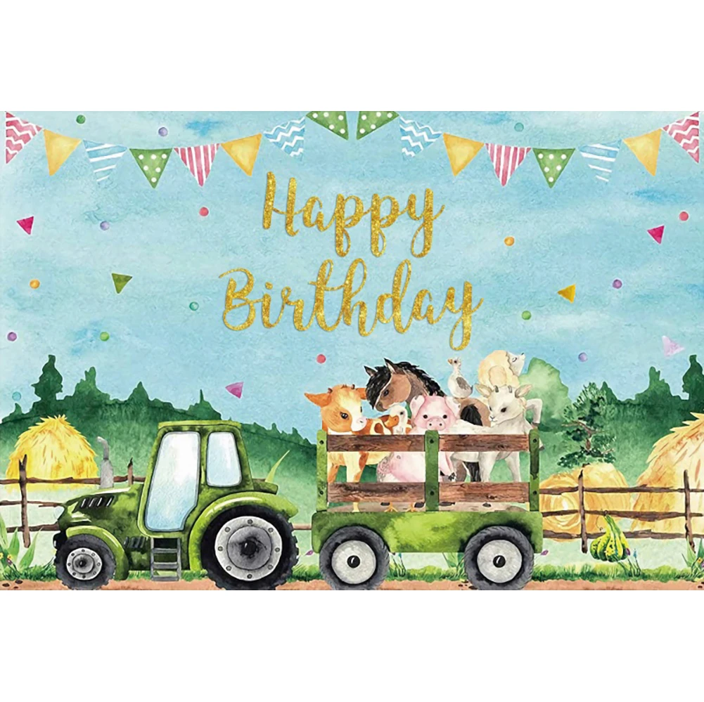 Laeacco Hoạt Hình Trang Trại Sinh Nhật Chụp Ảnh Phông Nền Xanh Xe Tải Động Vật Nông Trại Kid Cho Bé Chân Dung Tùy Chỉnh Nền