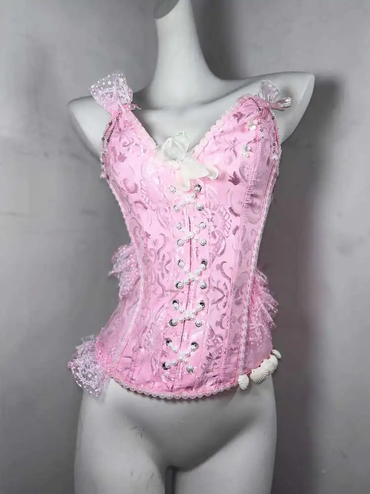 

French gentle handmade pink mermaid style lace patchwork pearl fishbone corset strapless top