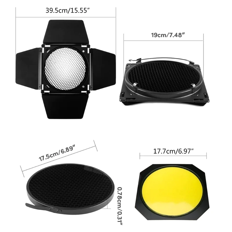 Barn Door+Honeycomb Grids + 4 Color Filter For Bowens Mount Standard Reflector Photography Studio Flashing Accessories