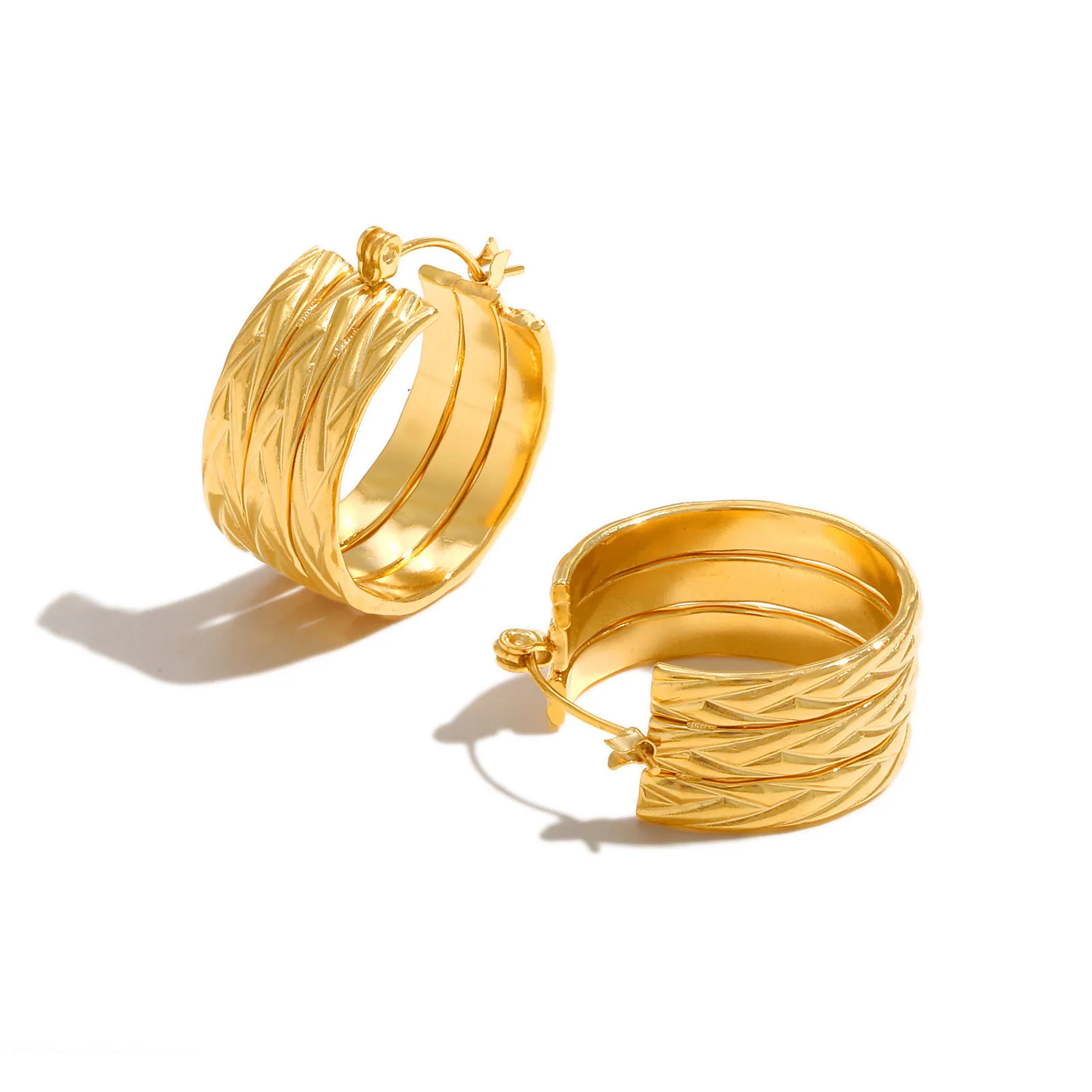 أقراط دائرية ثلاثية واسعة للنساء هيبوالرجينيك، أقراط مجوهرات مكتنزة من الفولاذ المقاوم للصدأ مطلية بالذهب #3