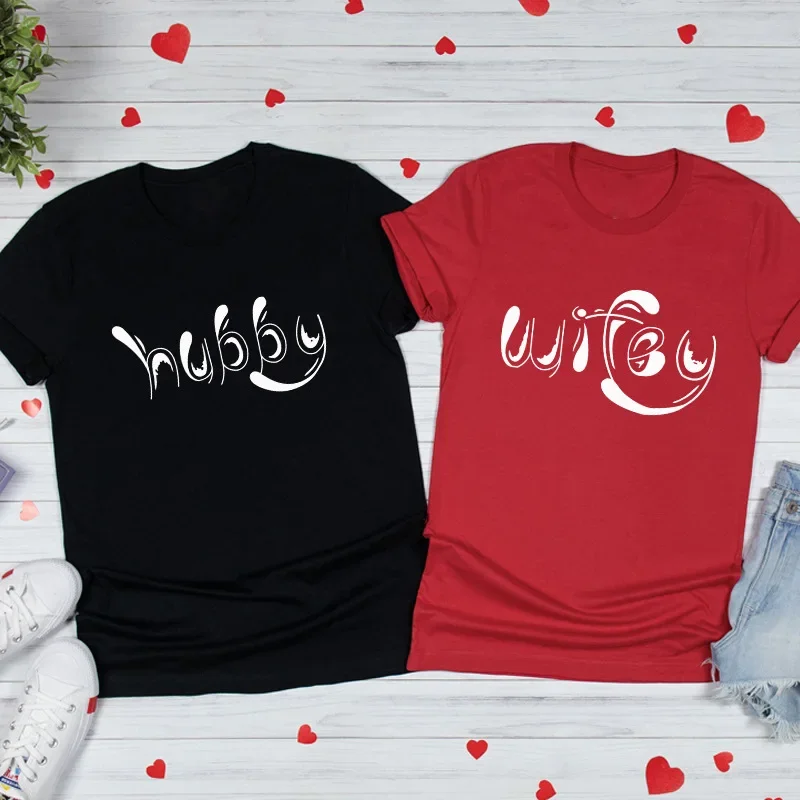 Valentine's Day HUBBY WIFEY Cute Letter Print Lovers T Shirt Couple Short Sleeve O Neck Loose Tshirt Women Man Tee Shirt Tops