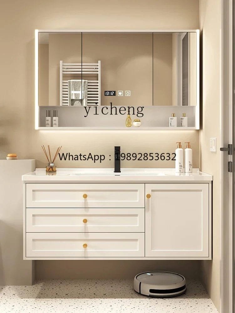 Ceramic Whole Washbin Solid Wood Hand Washing Washbasin Cabinet Smart Washstand