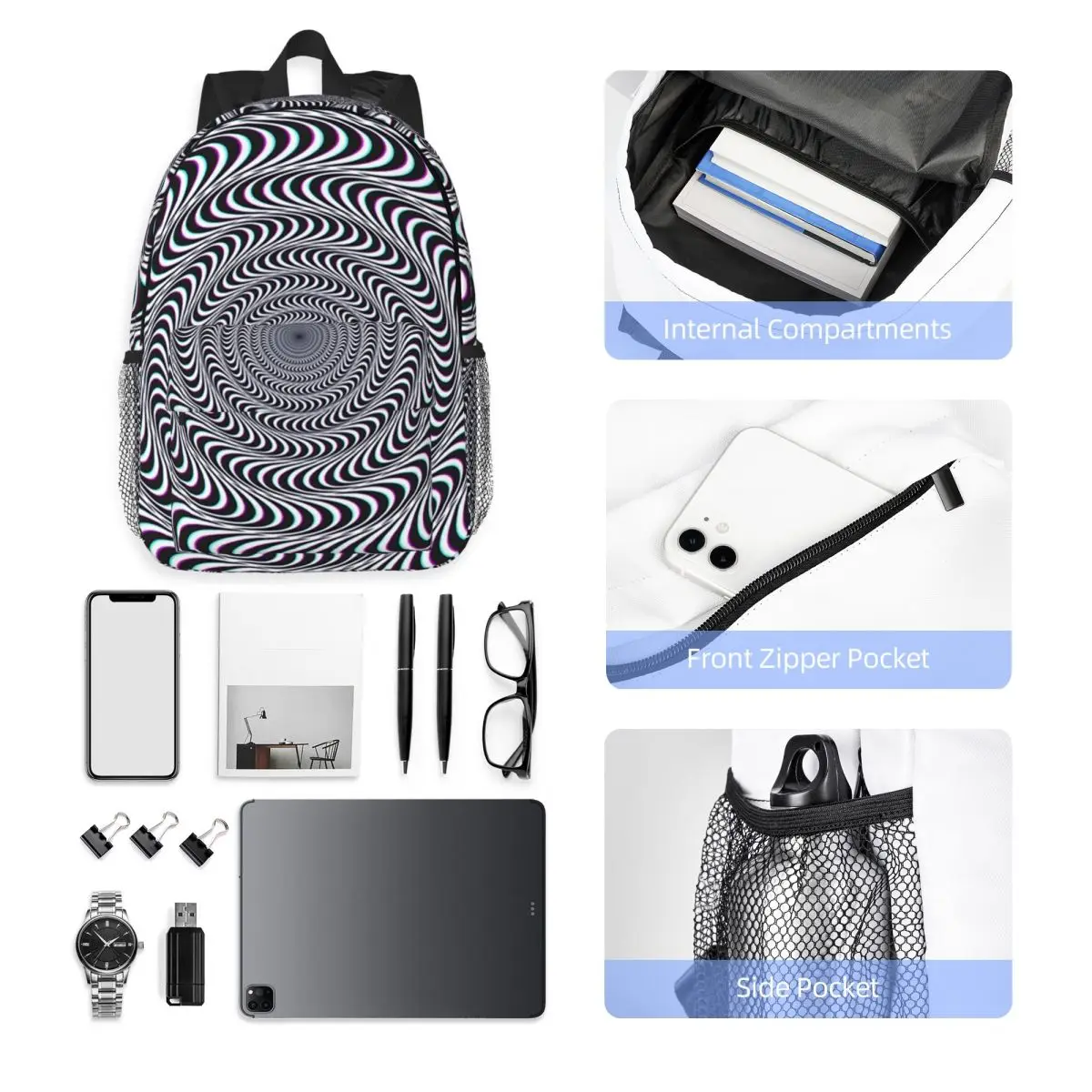 Amazing Hypnotic Optical Illusion Hypnotic Psychedelic Spiral Backpack Hot Sale Daypack Large Capacity BookBag Shoulder Bags