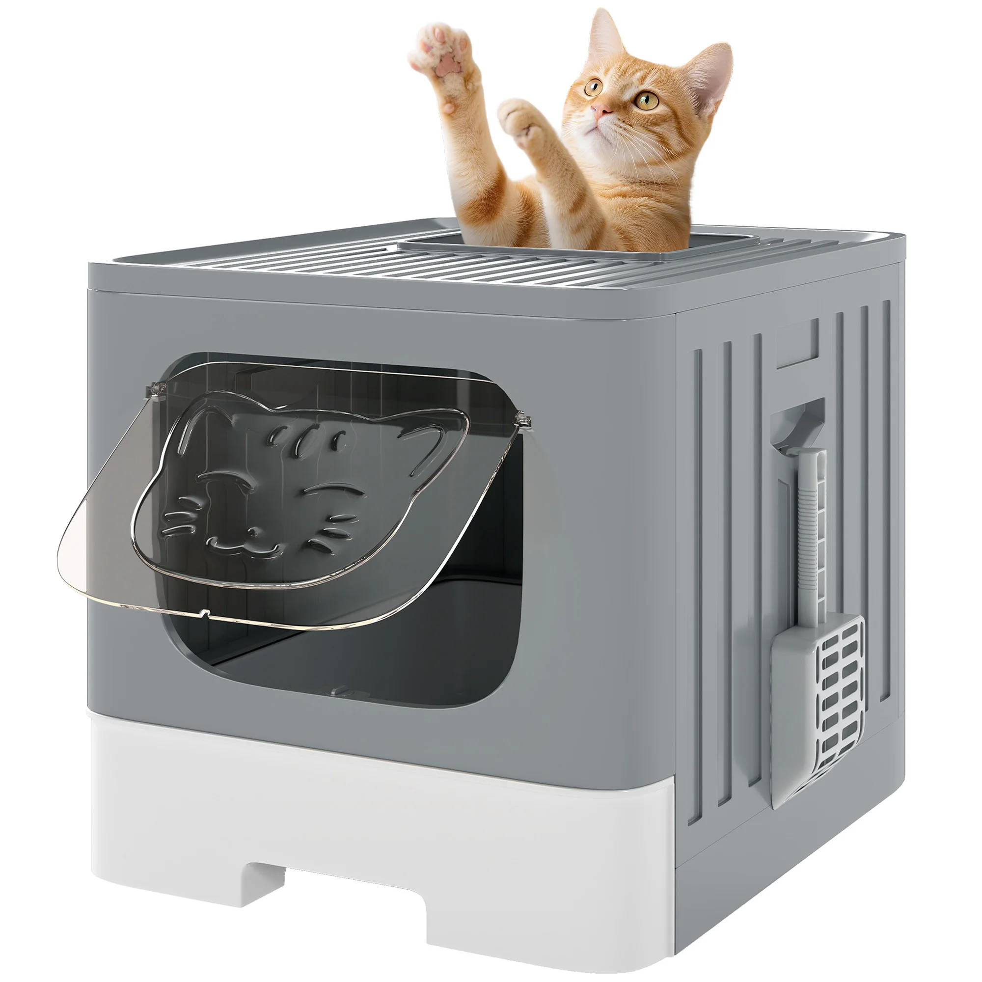 Pawhut Opvouwbare Kattenbak m met Gaasdeksel Verwijderbare Bak Schepje Zijhaak Gemakkelijk te Reinigen Lekvrij Grijs