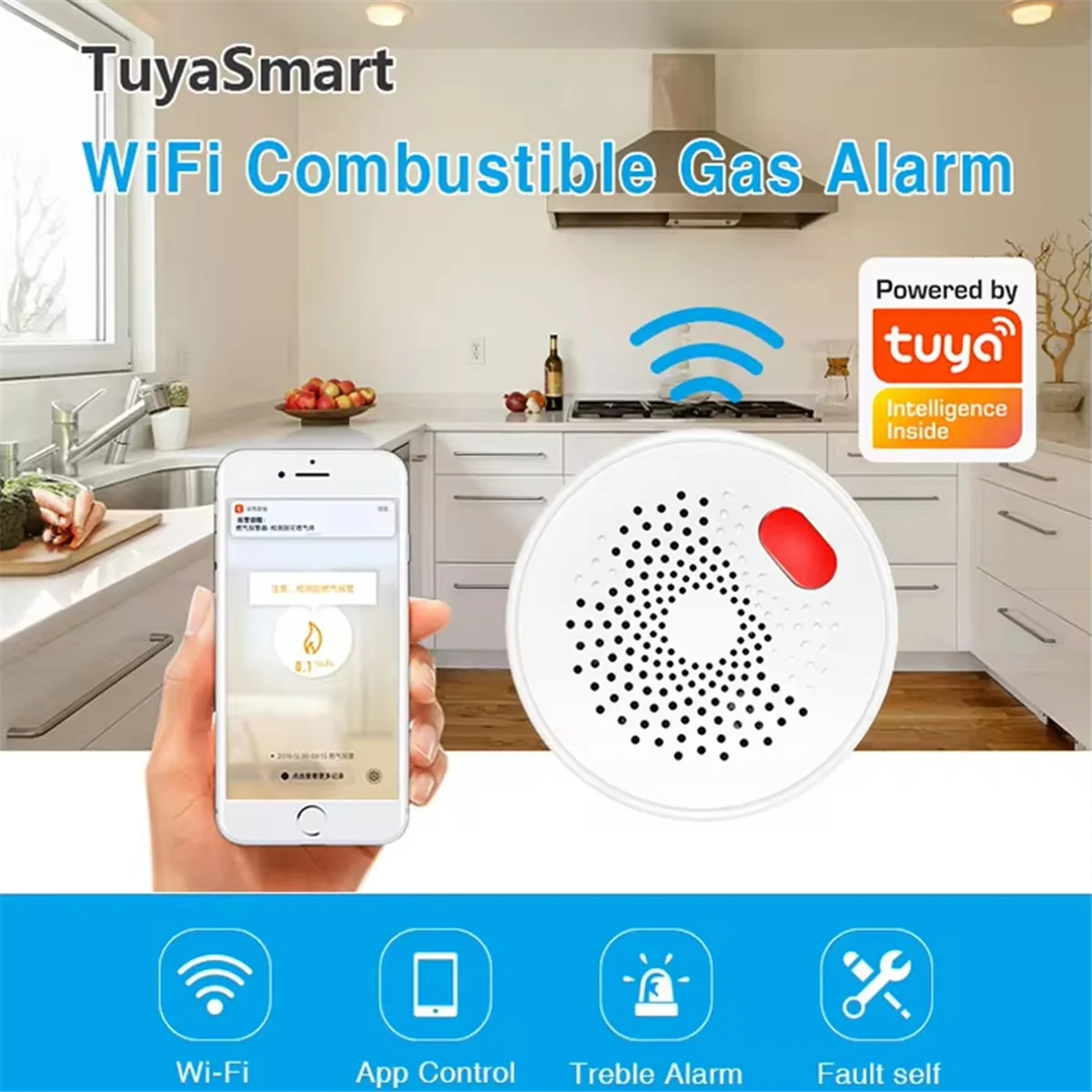 ABSQ-Tuya WIFI Natural Gas Sensor Combustible Household Smart LPG Gas Alarm Detector Leakage Sensor EU Plug
