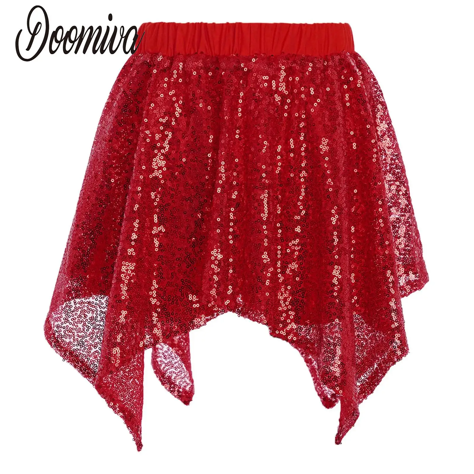 

Kid Girls Sparkly Sequin Jazz Costume Irregular Hem Skirts with Built-in Shorts for Street Modern Dance Cheerleading Performance