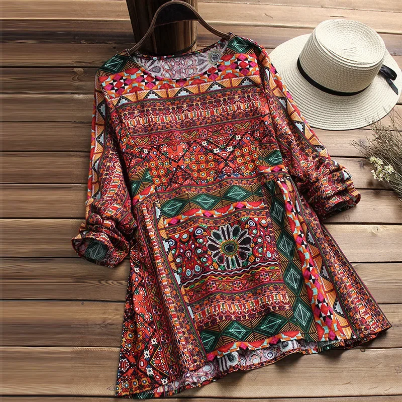 Women Blouses New Retro Printed Loose Oversized Long Sleeved Cotton and Linen Round Neck Top Women's Clothing