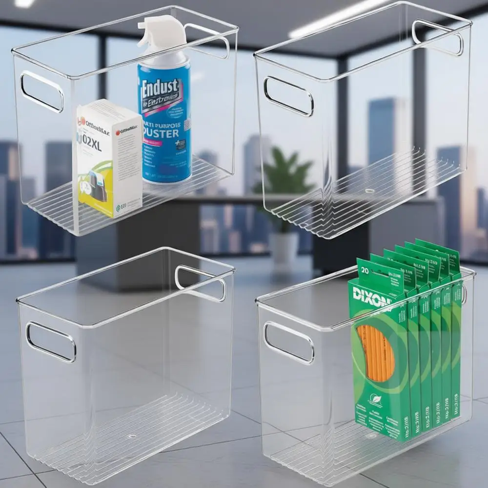 

Набор из 4 прозрачных пластиковых контейнеров для хранения канцелярских принадлежностей, идеально подходящих для столов, шкафов, полок