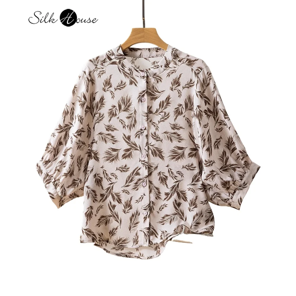 

2025 Women's Early Autumn New 100% Natural Mulberry Silk Jianhong Crepe Loose Design Sense Three-quarters Lantern Sleeve Shirt
