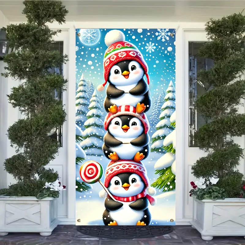 2D-Flachtürbanner, Frohe Weihnachten, Pinguin, Türbehang, niedliches Polyester-Hintergrundtuch, Winter-Party-Dekoration im Freien