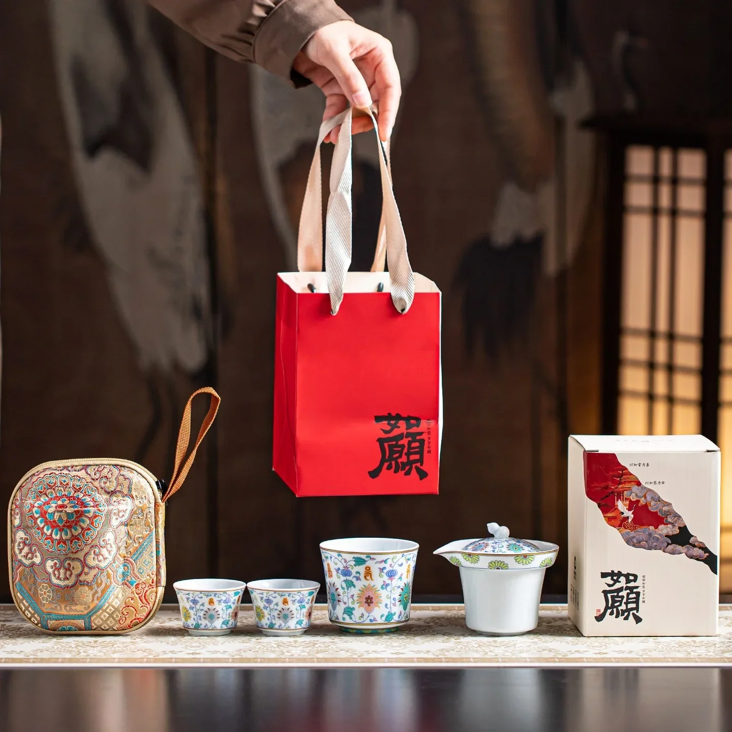 Doucai Celadon Colorful One Pot Three Cups Ceramic Portable Multicolor Tea Ceremony New Tea Maker Gong Fu Travel Kung Fu Tea Set