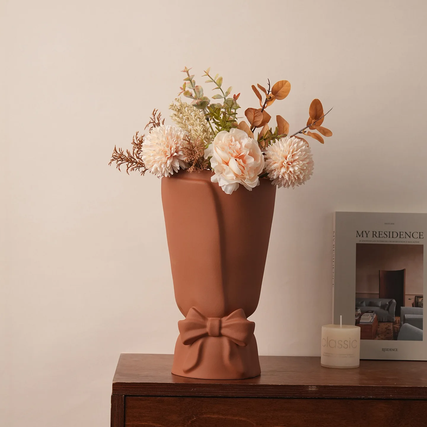 Bow Ceramic Vase High-end Cream Style Living Room Flower Arrangement Desktop Decoration Ornament