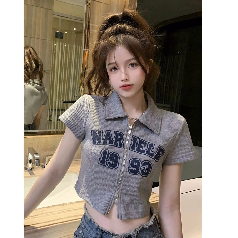 

Summer 2025 Women's Ne ort Sve T-irt Retro Letter Print Zipper Cardigan Cool Feeling Regular Thin Ultra ...