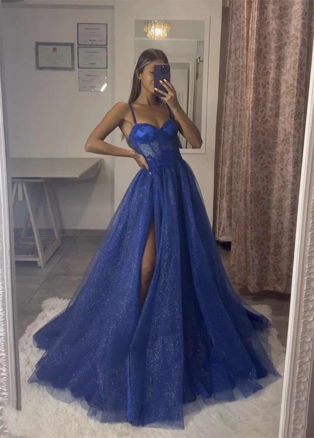 

Blue Glitter Tulle Prom Dresses Sexy Spaghetti Straps With Side Slits Evening Dress Princess Birthday Wedding Cockt PartyDresses