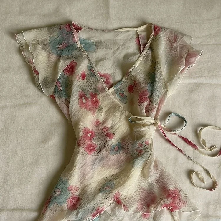 Retro Gentle Floral V-Neck Wrap Style Chiffon Top New Chinese Atmosphere Lace Sleeve Summer Women's Sweet Style T-Shirt