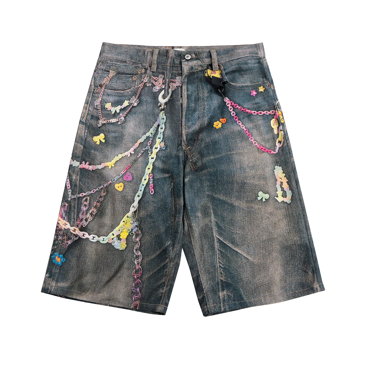 Мешковатые джинсы с 3D принтом конфетной цепочки для мужчин, уличная одежда, летние широкие лоскутные повседневные свободные брюки до колена, большие размеры