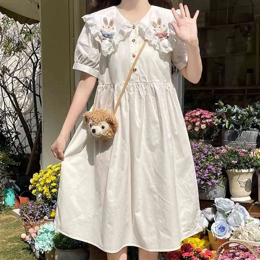 

Plus Size 5XL 100KG Summer Women Sweet Dress Turn Down Collar Cartoon Short Sleeve Loose High Waist Dresses