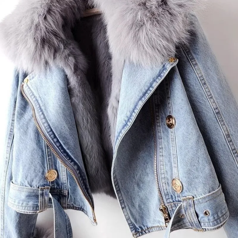 2025 New Women Faux Fox Fur Collar Jean Coat Winter Jacket Female Short Warm Parkas Rabbit Hair Lining Outwear Fashion Overcoat