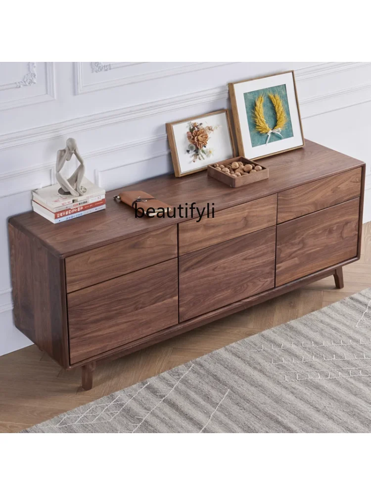 Black Walnut Nordic Light Luxury Bedroom TV Stand Solid Wood Living Room Log Complete Storage Cabinet  drawer furniture