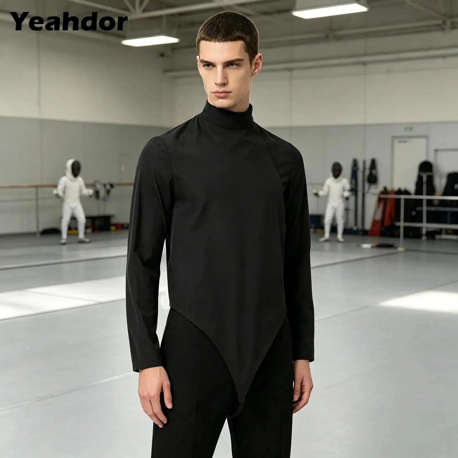 men-long-sleeve-fencing-uniform-bodysuit-mock-neck-zipper-buckle-crotch-fencing-leotard-competition-performance-jumpsuit