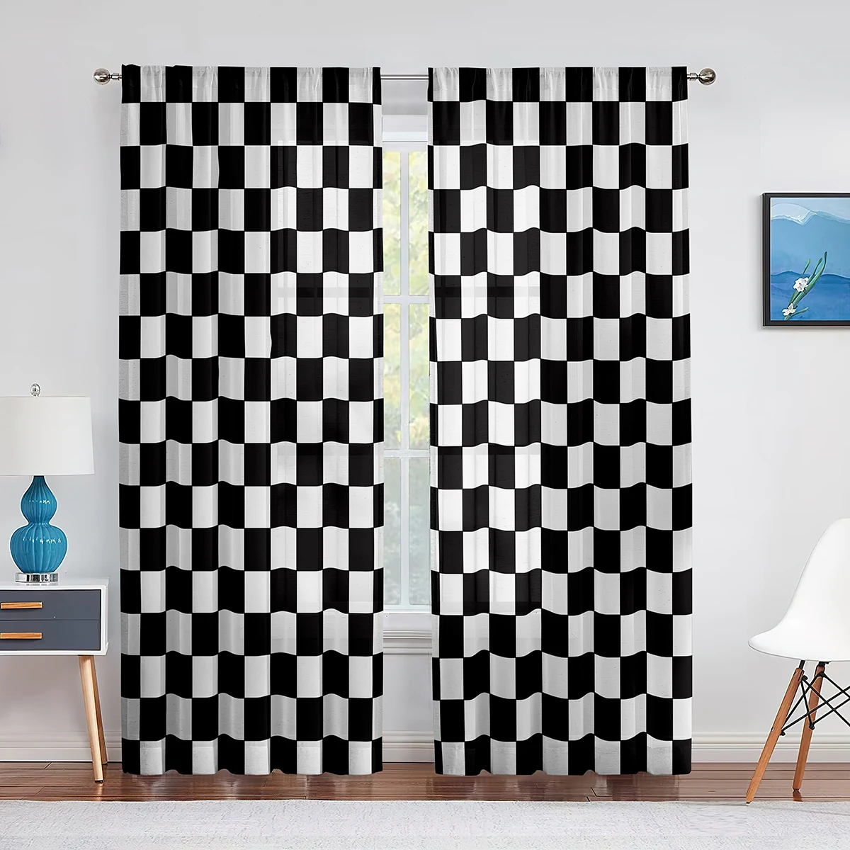 

Geometric Black White Checkered Semi-blackout Curtain for Living Room Bedroom Kitchen Decor Race Car Flag Window Curtains 2pcs