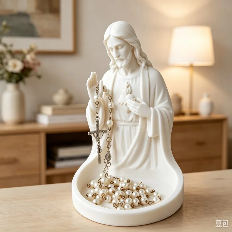 3D Printed Sacred Heart Jesus Rosary Holder Statue Desktop Tray Religious Figurine Home Tabletop Decor Ornament