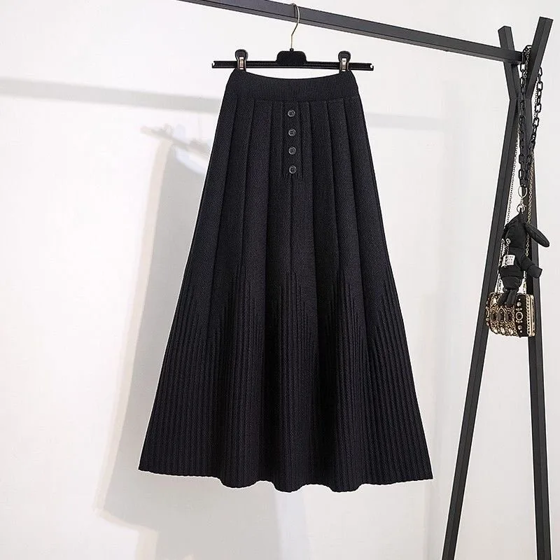 Women Winter Knit Midi Skirt High Waist Button Decor A Line Pleated Swing Skirt Plus Size Flared Skirt