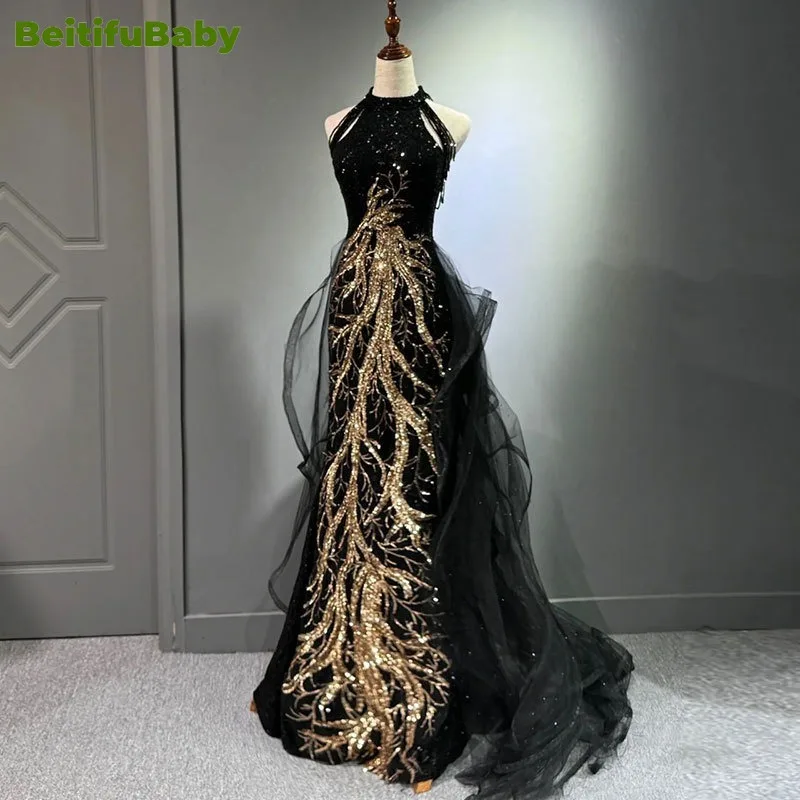 BeitifuBaby Sequins Evening Dresses for Women 2024 Fashion Tassel Banquet Gown Sleeveless Halter Fishtail Formal Dress Vestidos