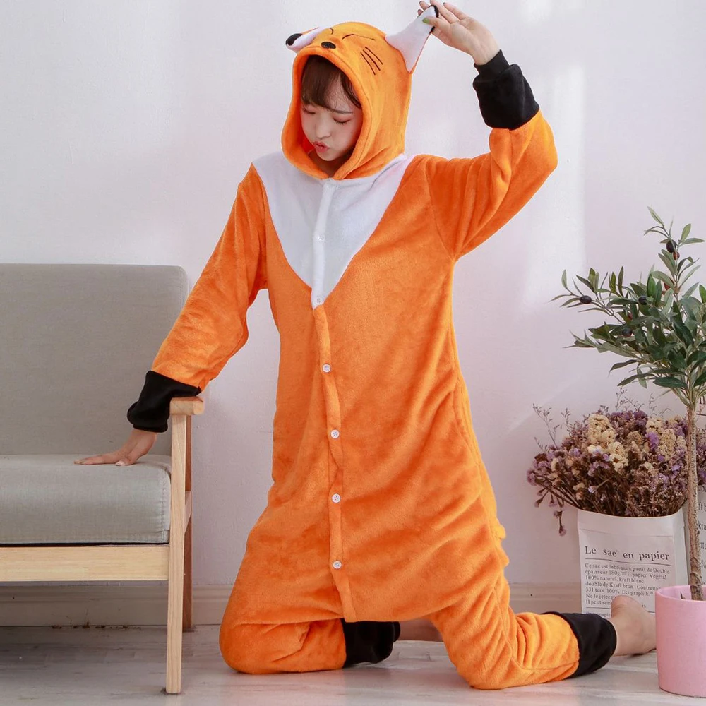 Unisex Adult Flannel Onesie Women and Men Cartoon Halloween Costume Fox Animal Plush One Piece Pajamas Warm Cosplay Jumpsuits