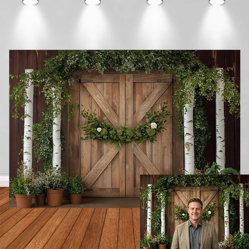 LS Photography Backdrop Wooden Door Flower Pot Green Plants Decor Birthday Cake Smash Kids Adult Portrait Photo Background